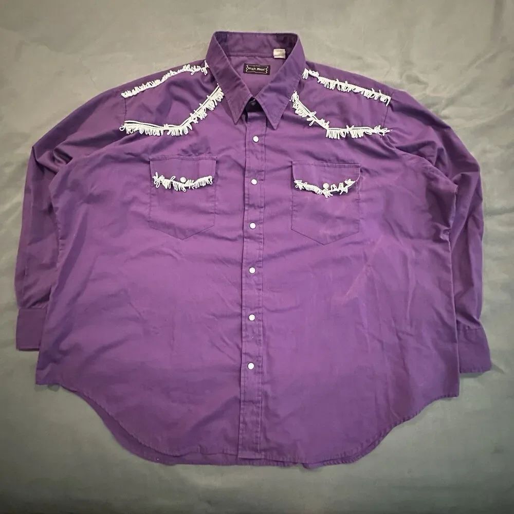 Vintage High Noon Western Shirt 2XL Pearl Snap Fringe Piping Purple Y2K 00s 90s